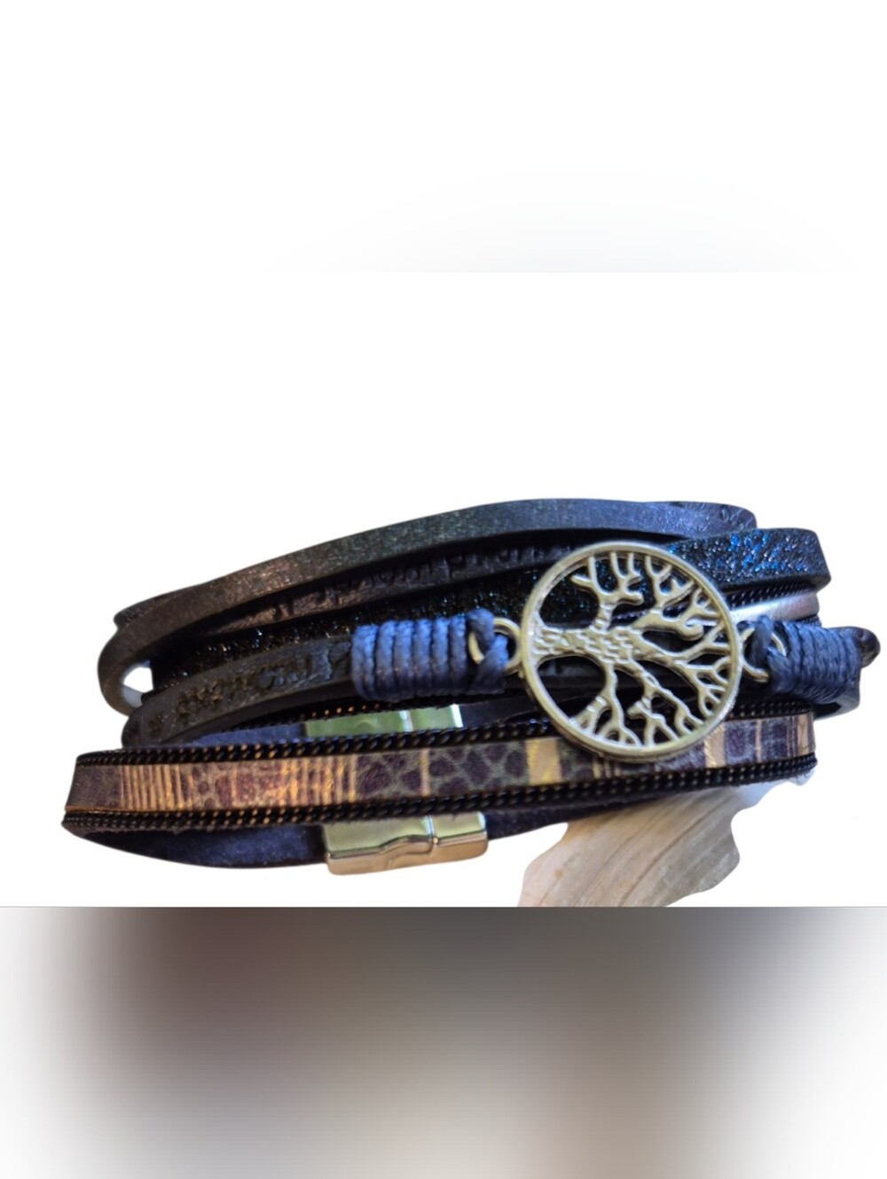 Blue Multi-Textured  Bracelet with Tree of Life Accent Y2k